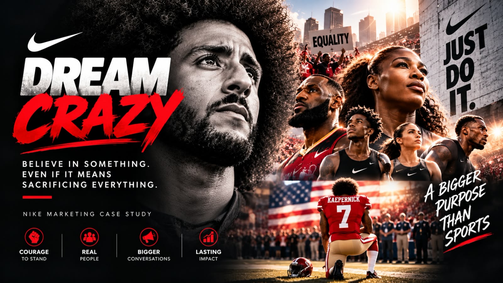 Dream Crazy: Nike branding and marketing case study cover featuring Colin Kaepernick and athletes under the Just Do It message.