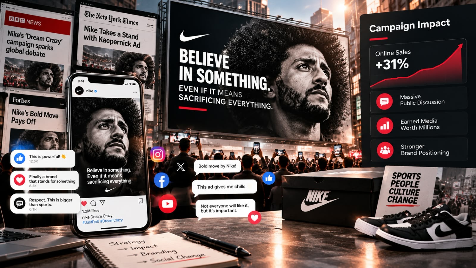 News headlines, social media reactions and a city billboard showing the Dream Crazy advertisement and its public impact.