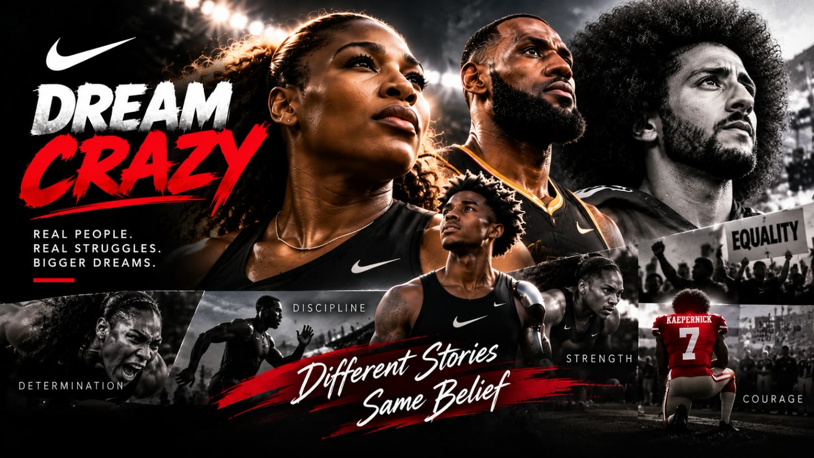 Dream Crazy collage of athletes including Serena Williams, LeBron James and Colin Kaepernick with the words “Different Stories, Same Belief”.