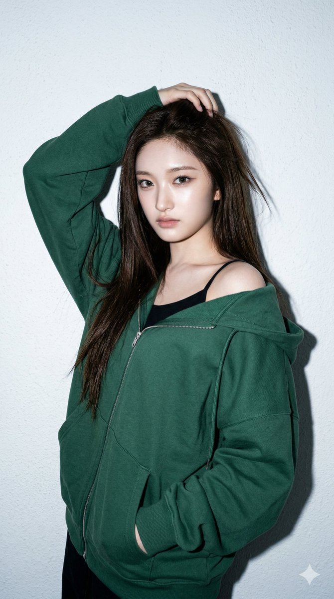 K-Pop Off-Duty — Zip Hoodie Series — Forest Green Off-Shoulder