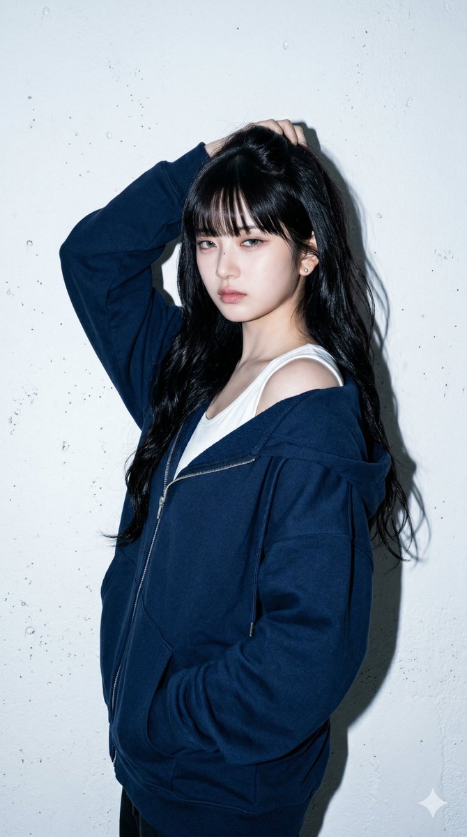 K-Pop Off-Duty — Zip Hoodie Series — Deep Navy with Bangs