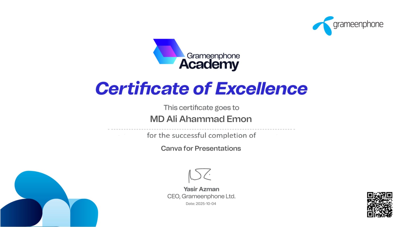 Canva for Presentations - Professional certification by Grameenphone Academy earned by Ali Ahammad Emon