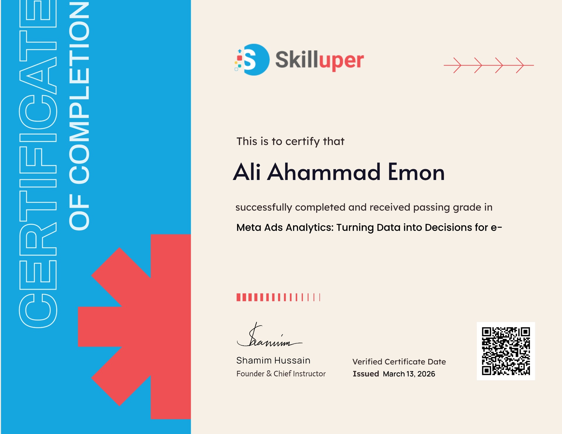 Meta Ads Analytics: Turning Data into Decisions for E-commerce - Professional certification by Skilluper earned by Ali Ahammad Emon